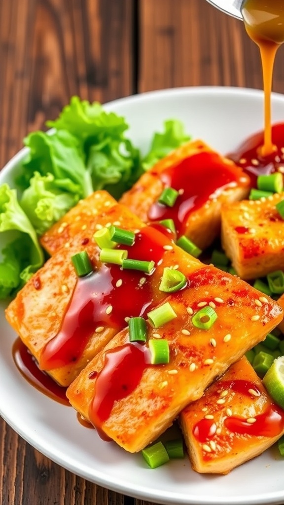 Honey Garlic Air Fryer Salmon Bites Air fryer salmon bites with honey garlic sauce, garnished with green onions and sesame seeds, on a rustic table.